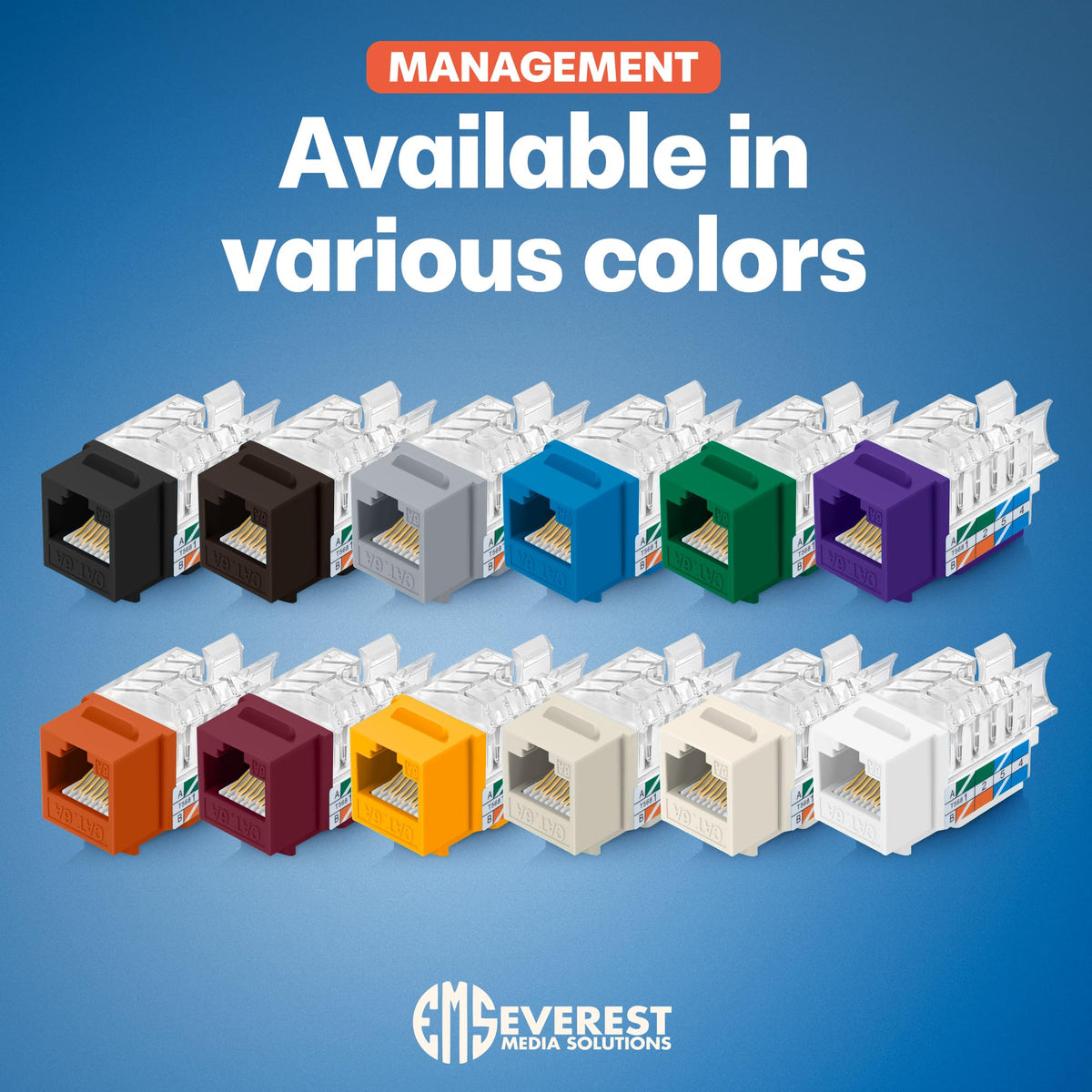 Everest 45 Degree RJ45 Cat6A Keystone Jacks Slim Profile 10-Pack Black