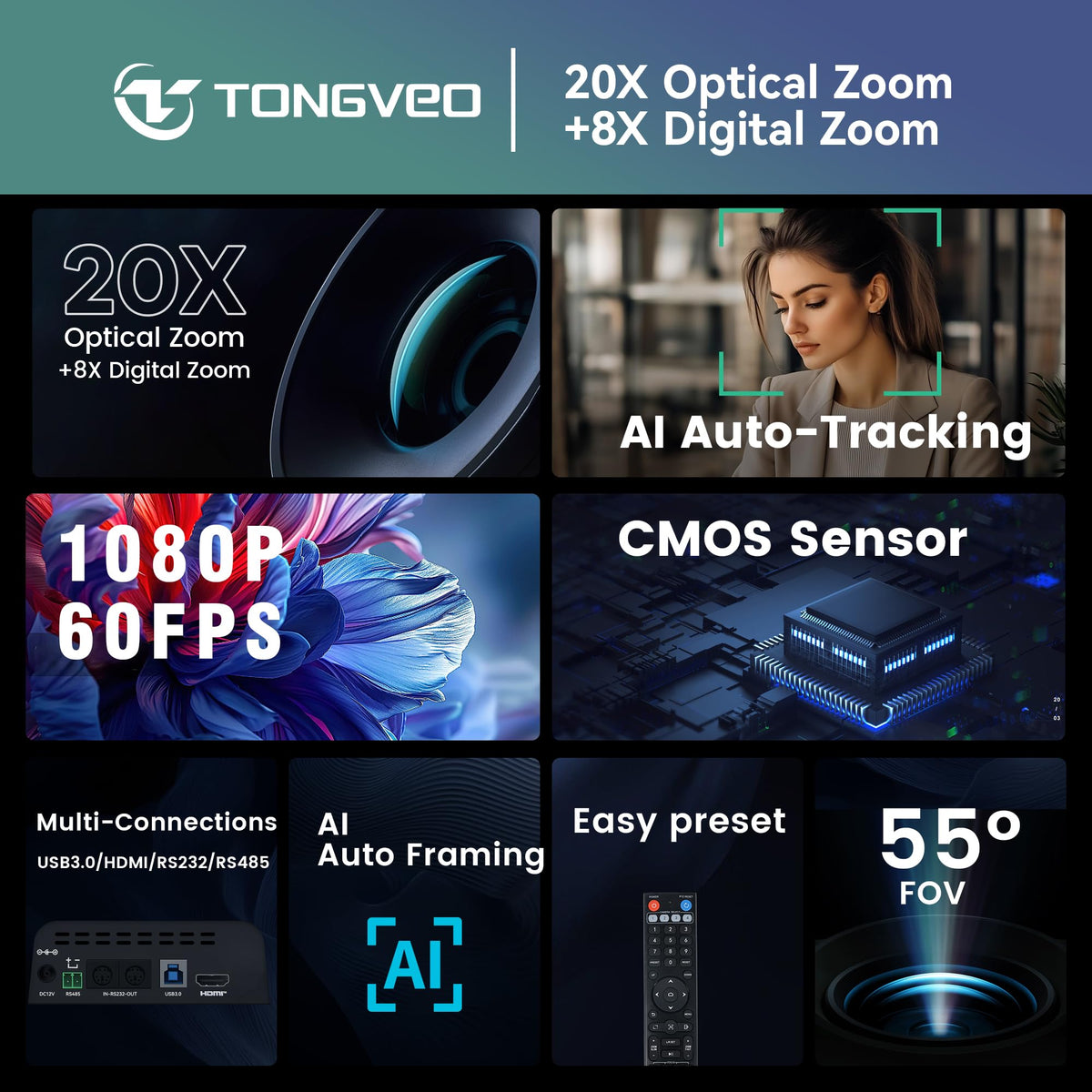 TONGVEO Conference Room PTZ Camera System with 20X Optical Zoom, AI Auto Tracking 1080P 60fps HDMI USB Webcam for Church Streaming Online Video Conference,Compatible with Zoom, OBS Easy Setup（1 pc