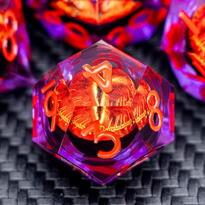 ARUOHHA DND Resin Dice Gazes Eye Dice Purple Red Liquid Core Flaming RPG Sharp Edged Dice Set with Gift Box, Polyhedral D and D Dice Set Compatible with Dungeons Dragons Role Playing Game D20 D6