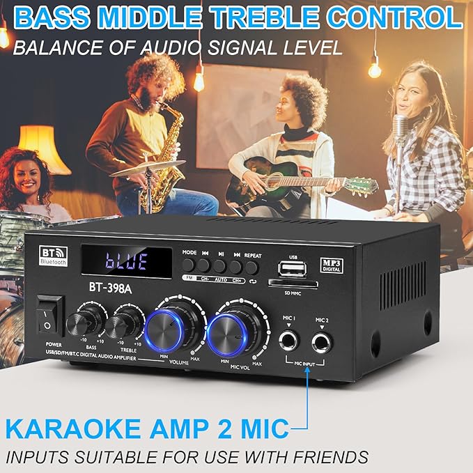 Romica Stereo Audio Amplifier, 2 Channel 450W x2 Bluetooth 5.0 Home Theater Power Amplifier with FM Radio, USB, SD, Optical & Coaxial Inputs, Amplifier for Passive Speakers and Active subwoofer