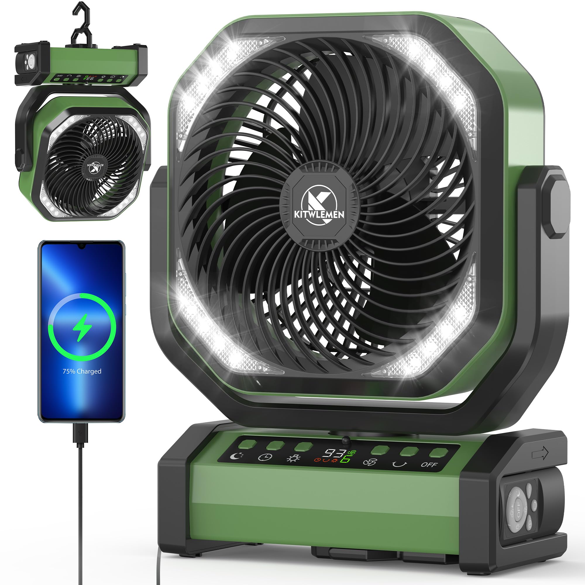 Camping Fan with Light - 20000mAh Rechargeable Battery Fan, 112Hrs Max Run Time, 8 Speeds, Digital Display, Timer, Auto Oscillation, 270° Pivot & Hook for Camping, Power Outage, Hurricane (Army Green)