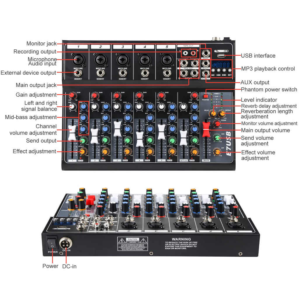Dj Mixers 7 Channel Audio Mixer Sound Board with Bluetooth, Usb Audio Interface with 48V Phantom Power Sounds Mixer Board with FX Reverb Delay Effect for Streaming