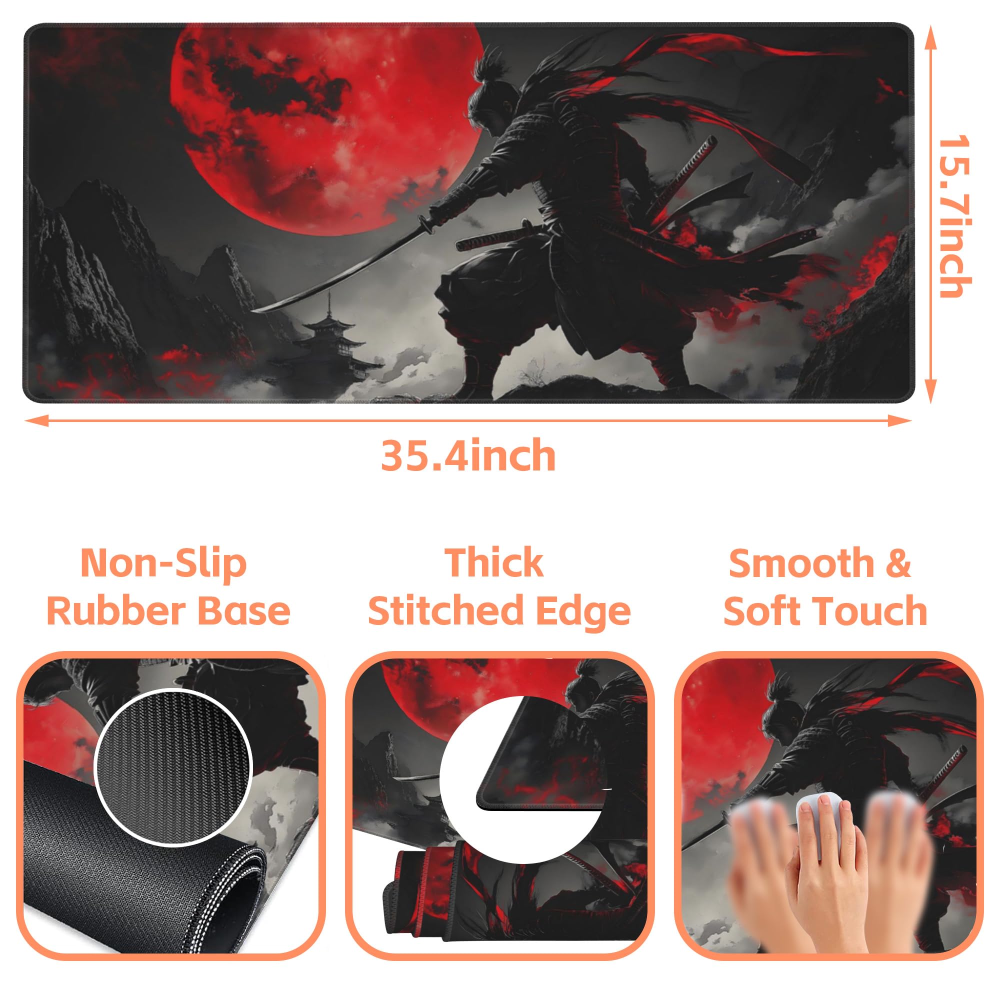 NIYLYNSYN Mouse Pad Large Anime Samurai Non-Slip Gaming Desk Mat with Stitched Edge Laptop Keyboard Desk Pad for Work Home Gaming (35.4 x 15.7 Inches)