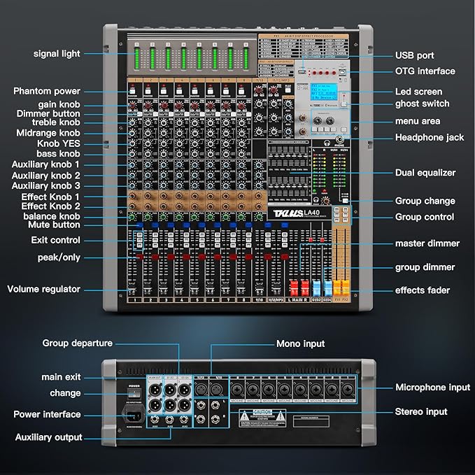 Digital Mixer 16 Channel,Sound Board Mixing Console, Dual DSP Reverb, Dual 7-Band EQ, 48V Phantom Power, 4 Group Stereo Output Input, PAD