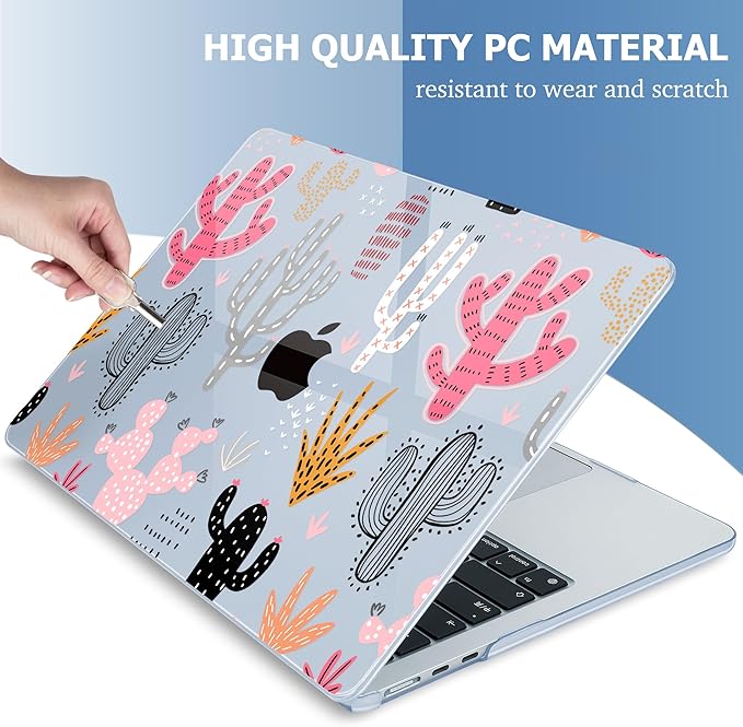 Mektron for 2025 MacBook Air 15 inch M4 Case A3241/ 2024 M3 A3114/ 2023 A2941 M2 Hard Printed Case with 15.3 Liquid Retina Display Touch ID, Plastic Hard Cover & Keyboard Skin- Colorful Cacti-Blue