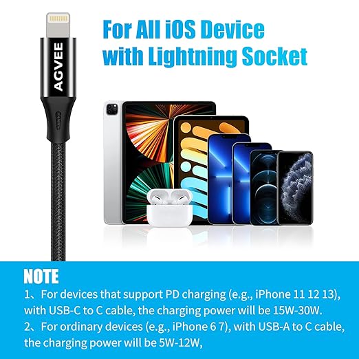 AGVEE 2 Pack 4 inch USB-C Female to Lightning Male Adapter, 30W Fast Charging Charger Converter for iPhone 14 13 12 11 Airpods iOS Device Carplay, Not for Audio, Black
