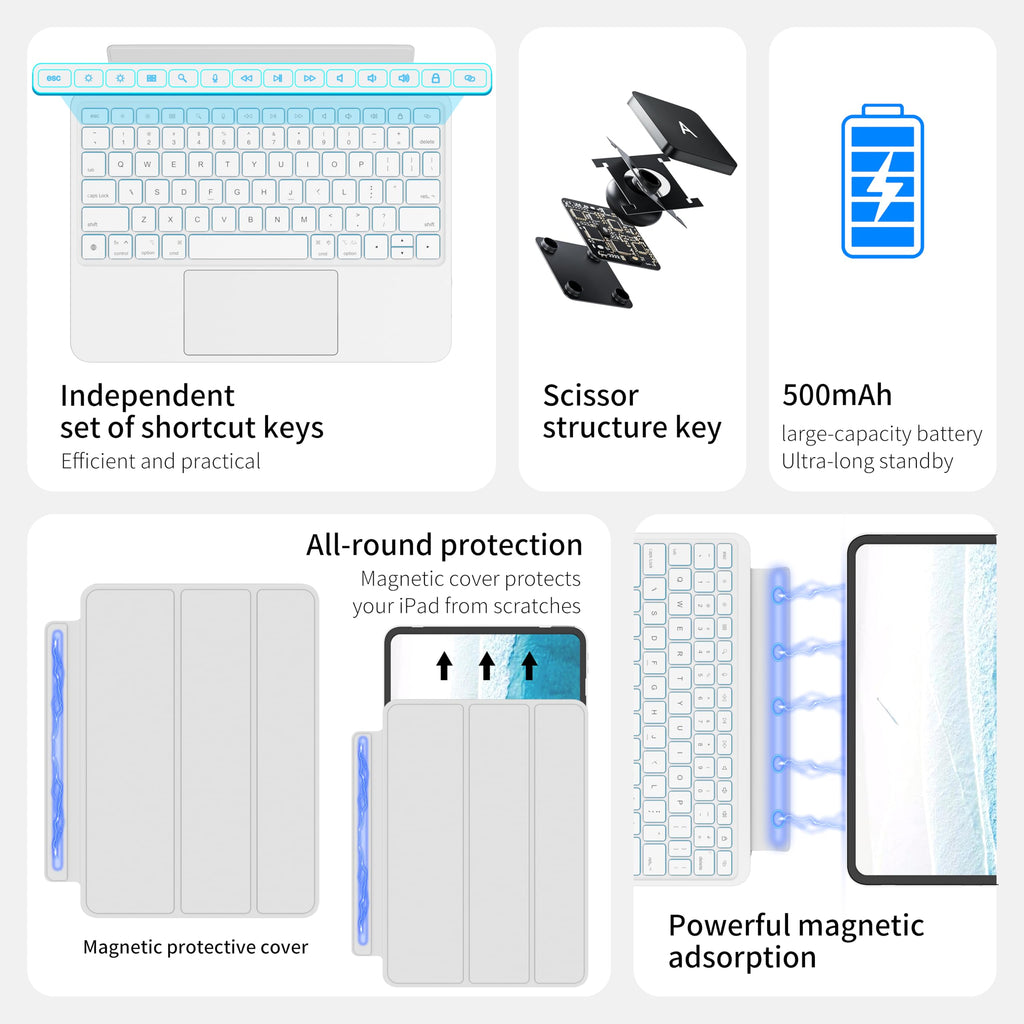 Otuoor iPad Pro 13 Inch Case 2024 with Keyboard, Magnetic Detachable Keyboard Case for iPad Pro 13 Inch (M4, 2024) with 7 Colors Backlight, Multi-Touch Trackpad, Portrait/Landscape Mode (White)