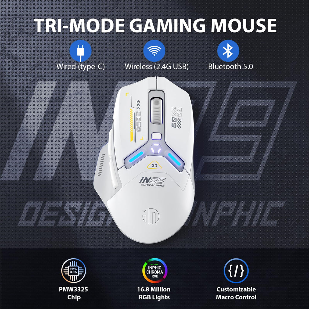 INPHIC IN9 Wireless Gaming Mouse, Real Tri-Mode 2.4G Wireless/Type-C Wired/Bluetooth Mouse, 10k DPl, Fully Programmable, RGB Lighting, Hyperspeed Rechargeable Wireless Mouse for Laptop PC Computer Mac
