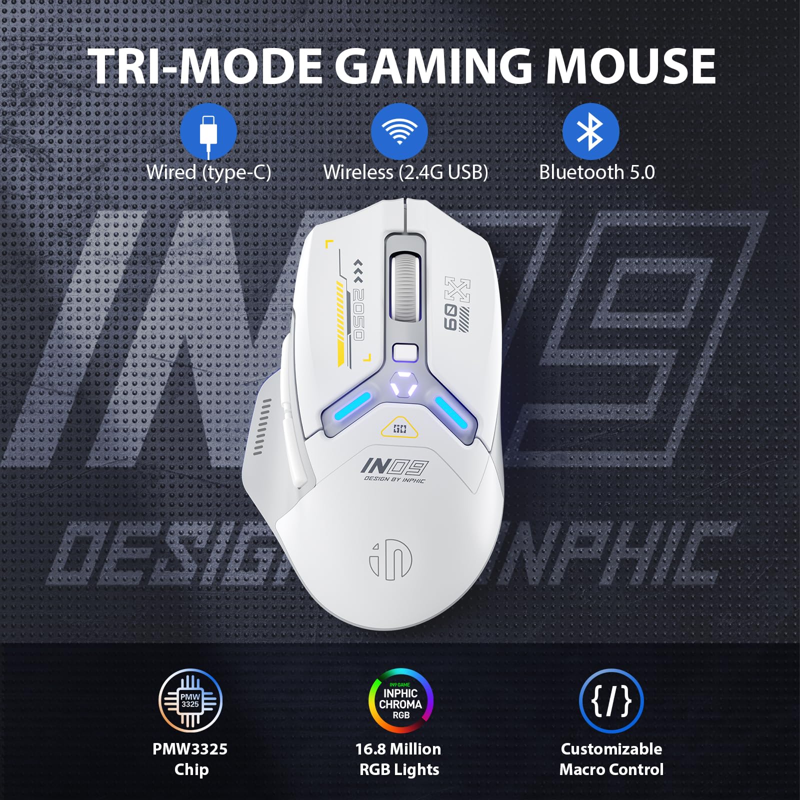INPHIC IN9 Wireless Gaming Mouse, Real Tri-Mode 2.4G Wireless/Type-C Wired/Bluetooth Mouse, 10k DPl, Fully Programmable, RGB Lighting, Hyperspeed Rechargeable Wireless Mouse for Laptop PC Computer Mac