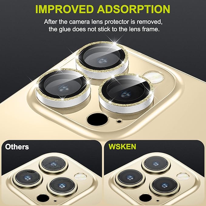 WSKEN [Gold Glitter] for iPhone 14 Pro/iPhone 14 Pro Max Camera Lens Protector,[Night Shooting Mode] HD Tempered Metal Glass Camera Screen Protector Cover Film Accessories