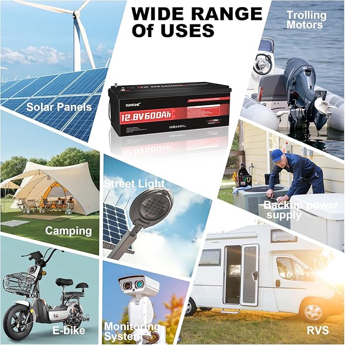 12V 600Ah LiFePO4 Battery, Built-in 200A BMS, 7680Wh Energy 10000+ Deep Cycles Rechargeable 12 Volt Battery Perfect for RV, Solar System, Off Grid, Home Energy Storage
