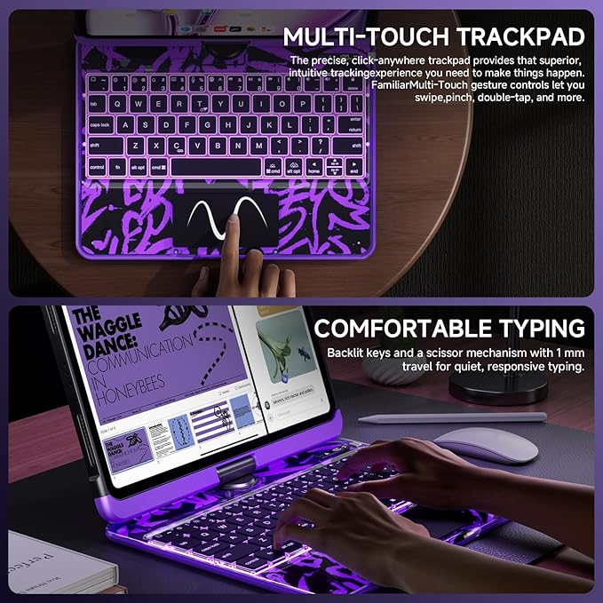 Transparent Case with Keyboard for 2024 iPad Pro 11-inch (M4),with 7-Color Backlit Wireless Keyboard, 360°Rotatable Protective Case Multi-Touch Trackpad,with Pencil Holder,with Shortcuts,Purple