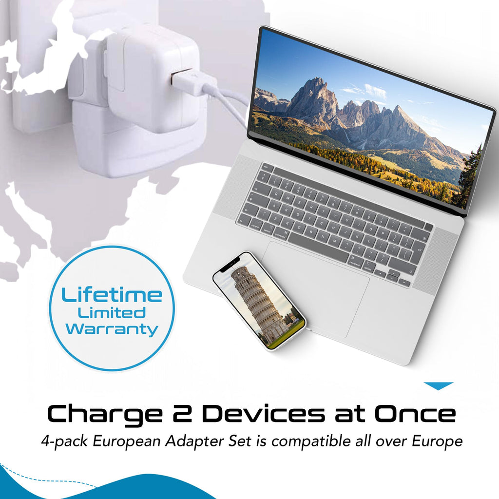Ceptics European Plug Adapter 4 Pack Set, USA to Europe, Italy, Germany, England, Spain, Italy, Iceland, France (Type C, E/F, G, L) - for Your Cell Phones, Tablets, iPhone, Camera (CT-EU-4SET)