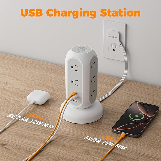 Surge Protector Power Strip Tower, TESSAN 5 FT Retractable Extension Cord with Multiple Outlets, 11 Outlets with 3 USB (1 USB C) Charging Station, 1050J, Office Desk Supplies, Dorm Essentials