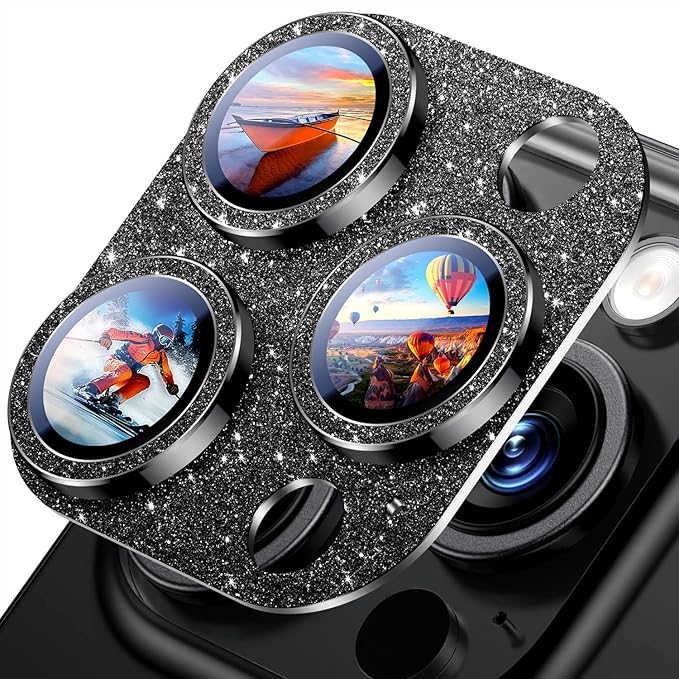 Uyiton Compatible with iPhone 16 Pro/iPhone 16 Pro Max Camera Lens Protector - [Not Easy to Break][Strong Adsorption][Case-Friendly] Metal Tempered Glass Rear Camera Screen Cover - Glitter Black
