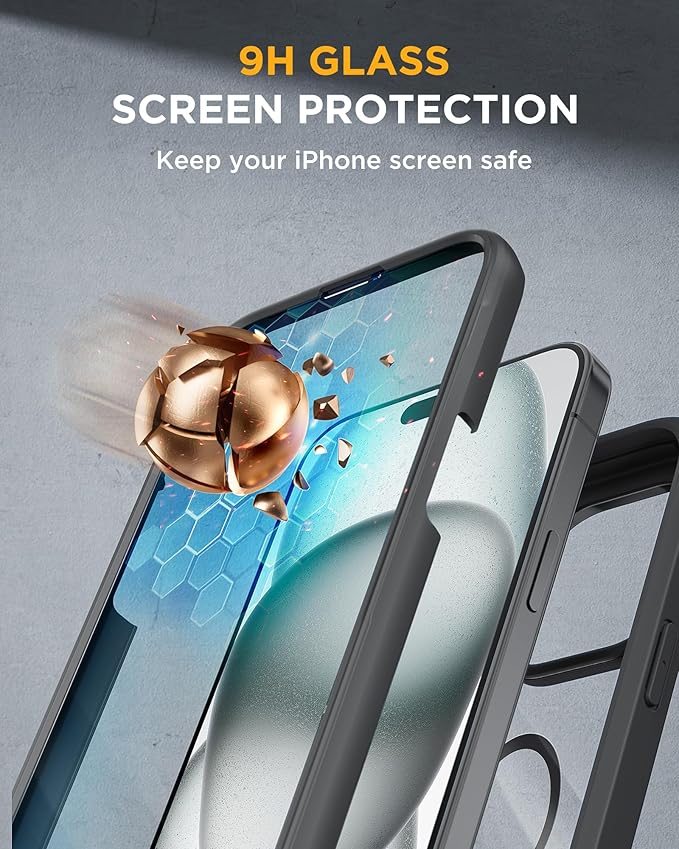 Miracase Magnetic for iPhone 15 Plus Case 6.7'' [Compatible with Magsafe] only for 15 Plus Phone Case Cover with Built-in 9H Tempered Glass Screen Protector,Magnetic Black