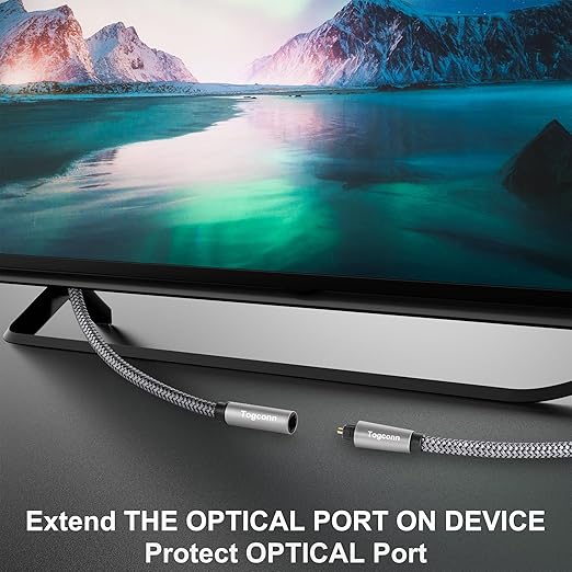 Optical Extension Fiber Digital Cable Adapter 0.6 Feet（2 Pack）, 90 Degree Right Angle & Straight Male to Female Coupler, Toslink Audio Cable, Nylon Braided for Home Theater, Soundbar, TV and More