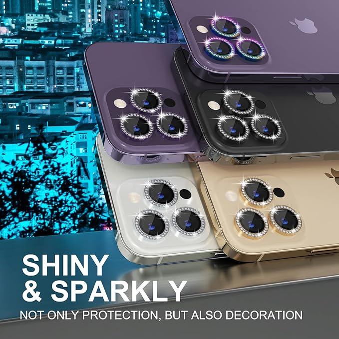 Choiche [3+1 for iPhone 14 Pro/iPhone 14 Pro Max Camera Lens Protector Bling, 9H Tempered Glass Camera Cover Screen Protector Metal Ring Decoration Accessories (Diamond-Colorful)