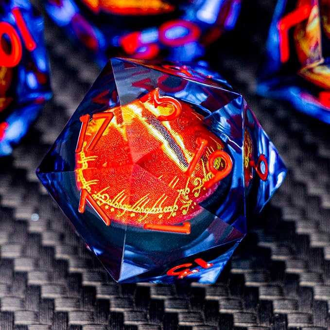 ARUOHHA DND Resin Dice Gazes Eye Dice Blue Red Liquid Core Flaming RPG Sharp Edged Dice Set with Gift Box, Polyhedral D and D Dice Set Compatible with Dungeons Dragons Role Playing Game D20 D6