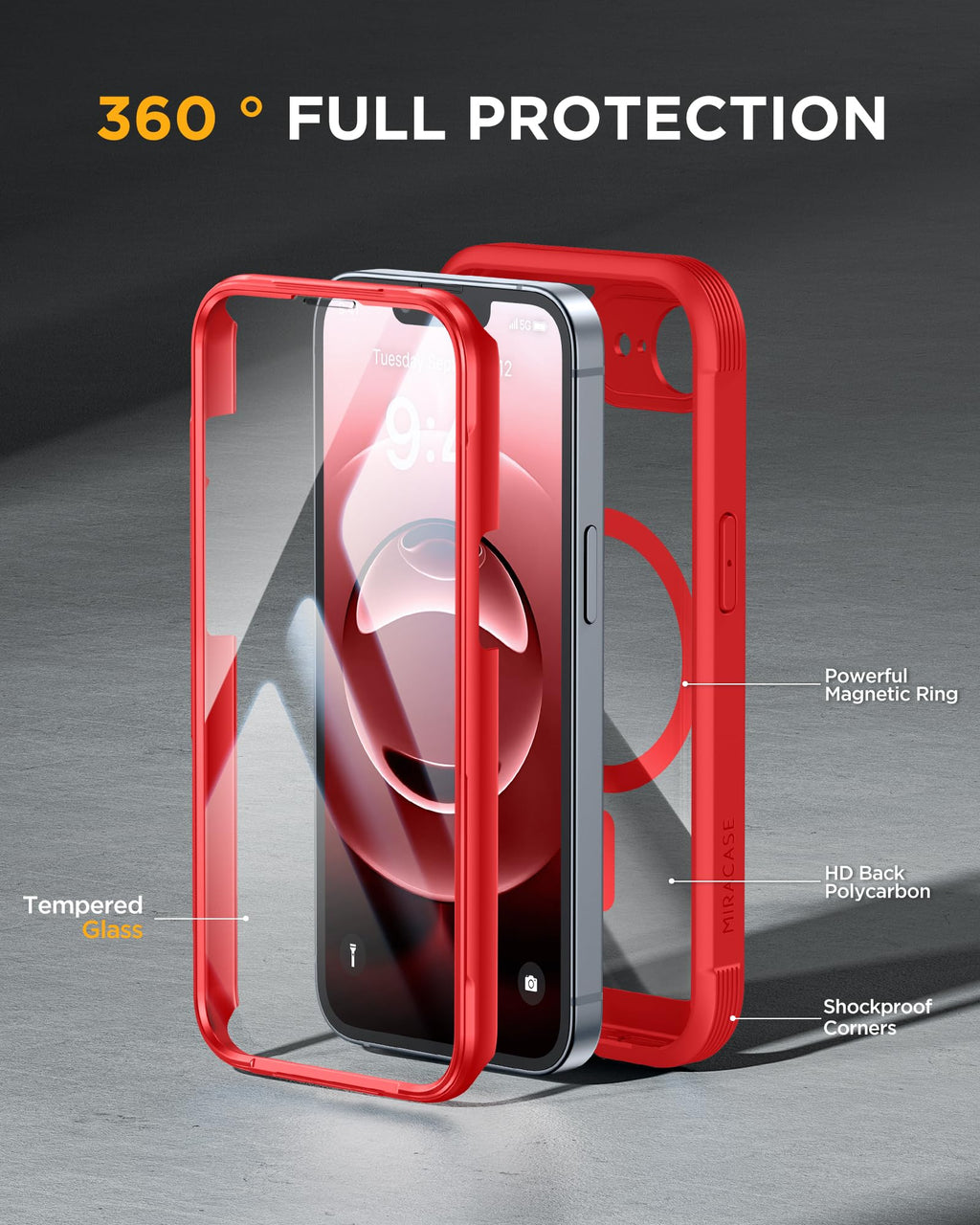 Miracase for iPhone 17e Case & iPhone 16e Case, Full-Body Phone with Built-in Glass Screen Protector, [Magnetic with MagSafe] Military Drop Proof 17 E/ 16 E Cover Bumper 6.1 inch, Red