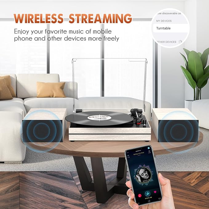 Record Player for Vinyl with External Speakers, Belt-Drive Turntable with Dual Stereo Speakers Vintage Vinyl LP Player Support 3 Speed Wireless AUX Headphone Input Auto Stop for Music Lover White