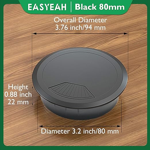 5 Pcs Desk Grommet 3-1/8" / 80 mm, Desk Cord Hole Cover, Cable Grommet ABS Plastic, Desk Hole Grommet for Home & Office Pc, Detachable Adjustable Cable Cord Organizer-Black