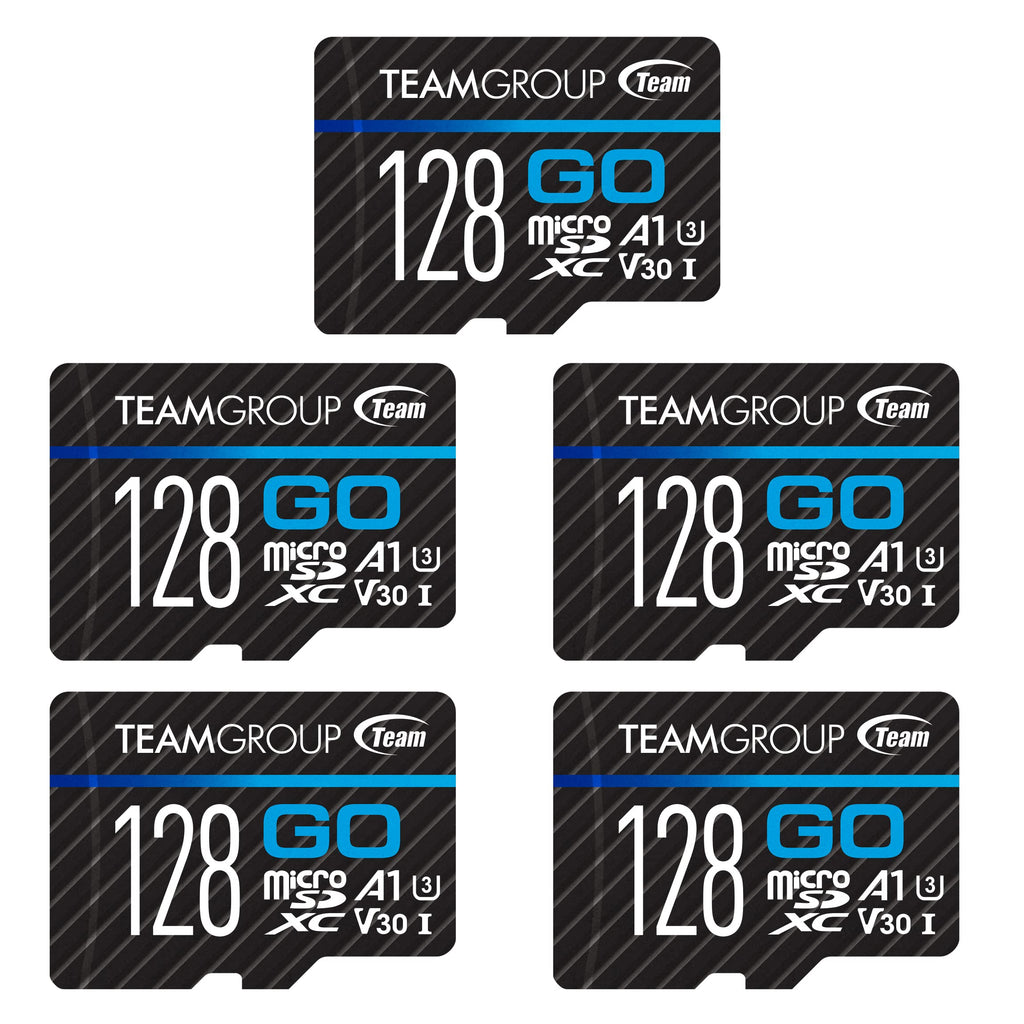 TEAMGROUP GO Card 128GB x 5 Pack MicroSDXC UHS-I U3 V30 4K for Action Cameras & Drone High Speed Flash Memory Card with Adapter for Outdoor Sports&Vlog, 4K Shooting,GoPro&Insta360&DJI TGUSDX128GU363