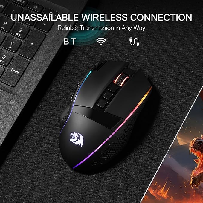 Redragon M991 Wireless Gaming Mouse, 26000 DPI 3-Mode Gamer Mice w/Rapid Fire Key, 9 Macro Buttons, Powerful Capacity and RGB Backlight for PC/Mac/Laptop, Black