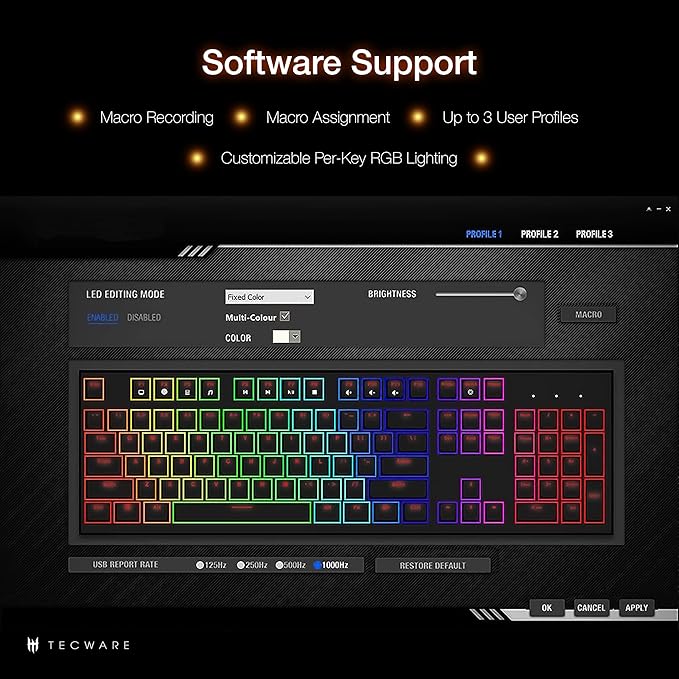 TECWARE Phantom 87 Key Mechanical Keyboard, RGB led, Outemu RED Switch