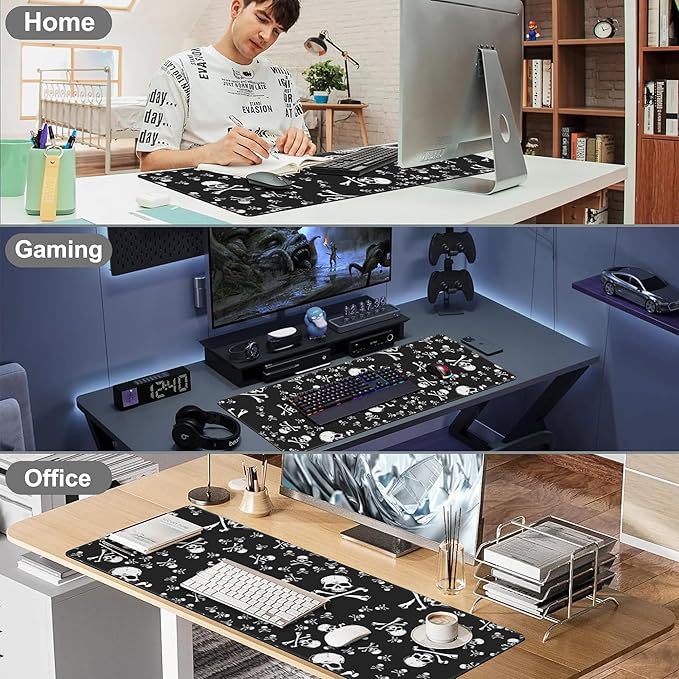 Skull Head Desk Mat,Large Pirate Skull Crossbones Gaming Keyboard Mouse Pad,Non-Slip Rubber Base Desk Pad Thick Stitched Edges Waterproof Mousepad Mouse Mat 31.5"x11.8"