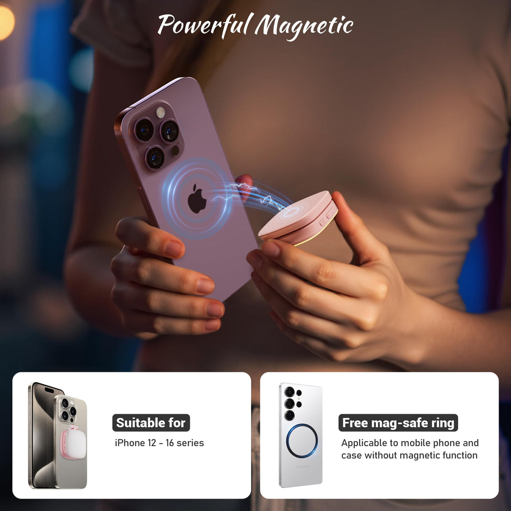 Cocobeen Magnetic Selfie Light for Phone: 5 Led Mode with Mirror Compatible for iPhone & Android - Rechargeable Portable Fill Light for Photography/Video Recording/Conference/Vlog/Makeup（Pink