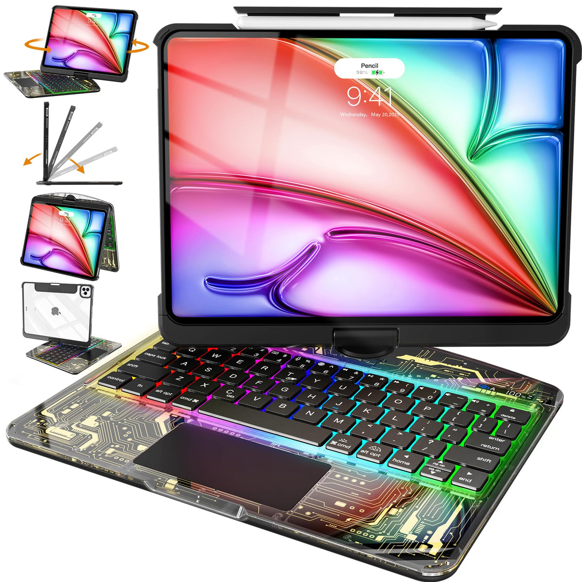 Intermerge Transparent Keyboard Case for iPad Pro 13"(M5,2025/ M4,2024), 360° Swivel Multi-Touch Trackpad, 7-Color RGB Backlit, Pencil Holder, Type-C, Power Indicator, Aqua Pulse