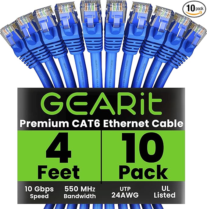 GearIT Cat 6 Ethernet Cable (10-Pack 4 Feet) Cat6 Network Patch, 10Gbps, RJ45, Snagless Cord, Gold-Plated Connectors, Internet for PC, TV, Tablet, Router, Printer, Servers, IT Data Center - Blue