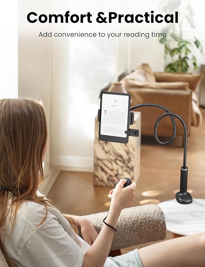 Gooseneck Kindle Holder with Remote Page Turner for Reading in Bed,Tablet Mount Holder for Desk,Flexible Long Arm for Tablets iPhones Kindle Accessories