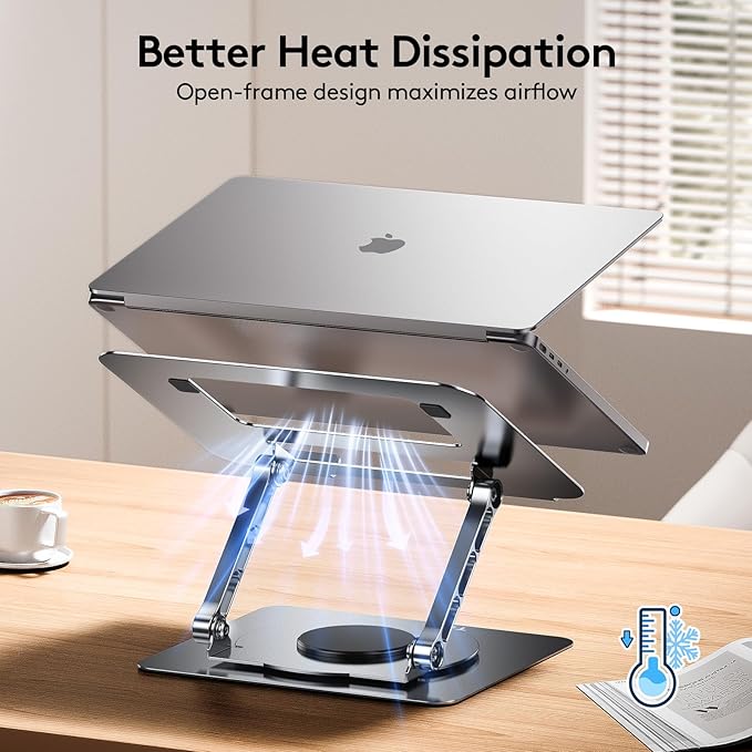 TECKNET Laptop Stand for Desk, 360 Rotating Base, Ergonomic Foldable Computer Stand for Laptop Riser Height Adjustable, Compatible with MacBook Pro, All Laptops 10-17" - Silver