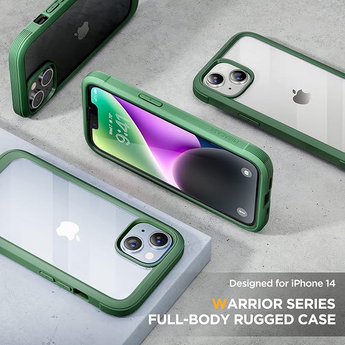 Miracase Glass Series Designed for iPhone 14 Plus Case 6.7 inch, 2023 Upgrade Full-Body Clear Bumper Case with Built-in 9H Tempered Glass Screen Protector and Camera Lens Protector,Green