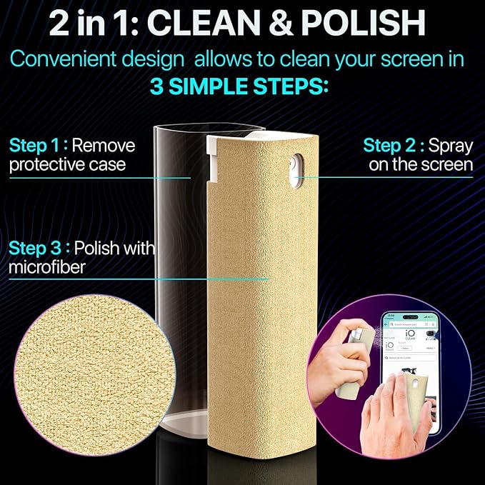Mini Screen Cleaner Spray – Finger Proof Screen Cleaner for Smartphones, iPads, MacBooks, Laptops, Car Screens, Touchscreens – 3in1 Mist Cleaner, Microfiber Cloth and Cover (Orange)