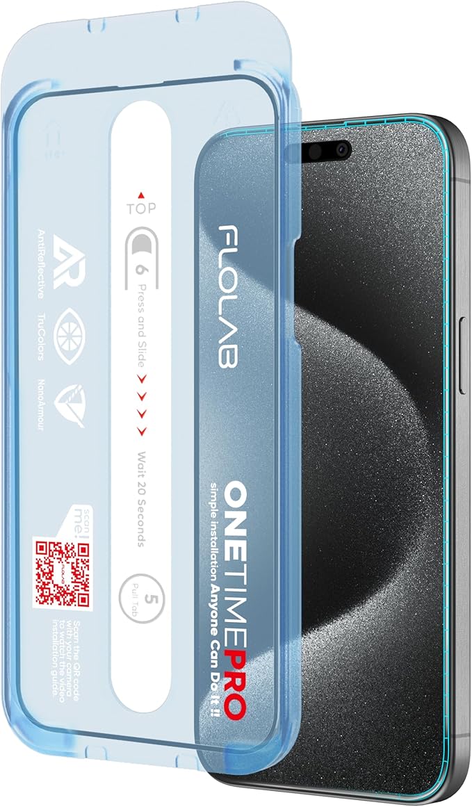 FLOLAB NanoArmour ONETIME PRO for iPhone 15 Pro Max Screen Protector, Anti-Reflective, Anti-Rainbow, 3D Tempered Glass, Ultra Clear, Edge Reinforced, Easy Install, Dust-Free, Scratch Resistant