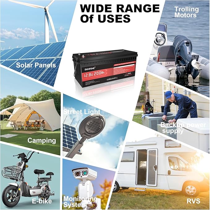 12V 200Ah LiFePO4 Lithium Battery,2560Wh Capacity,Built-in 200A BMS, 15000+ Cycles,10-Year Lifespan, Ideal for RV, Solar Energy Storage,Trolling Motor and Off-Grid Camping