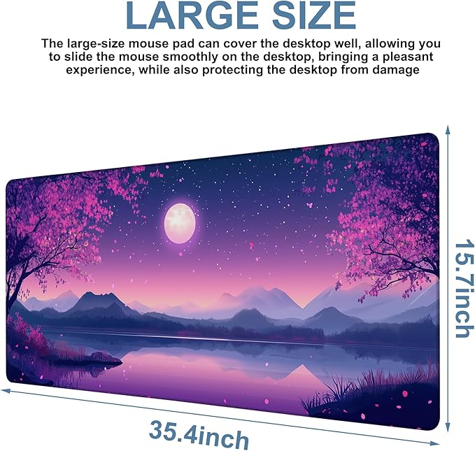 Gaming Desk Pad Large Extra Length Starry Sky Full Moon Mouse Pad Keyboard Laptop Non-Slip Waterproof with Rubber Base Thick Stitched Edge Mouse Mat for Office Home 35.4 x 15.7 Inches