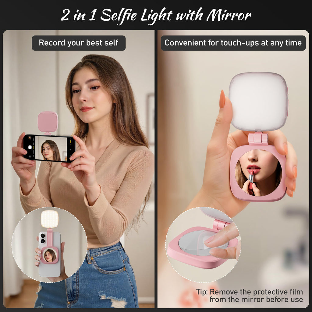 Cocobeen Magnetic Selfie Light for Phone: 5 Led Mode with Mirror Compatible for iPhone & Android - Rechargeable Portable Fill Light for Photography/Video Recording/Conference/Vlog/Makeup（Pink