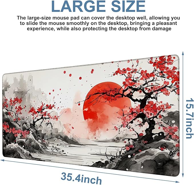 Large Mouse Pad Ink Painting Gaming Desk Pad Computer Keyboard Non-Slip Waterproof Mouse Mat with Rubber Base and Stitched Edges Entertainment Office Writing Desk Mat 35.4 x 15.7 Inches