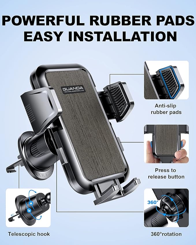 Car Phone Holder Mount for Air Vent, [Never Shake Hook Clip] 360° Adjustable Vent Clip, Compatible with Big Phones,Thick Cases, Phone Holders for Your Car–Fits iPhone, Samsung and Android