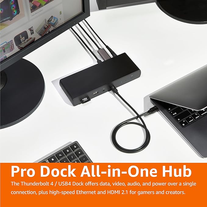 Amazon Basics Thunderbolt4/USB4 Pro Docking Station,2xTBT4,1xHDMI2.1,3xUSB A 3.1,RJ45,Dual Display, Black, 7.86 x 2.95 x 1.23 inches