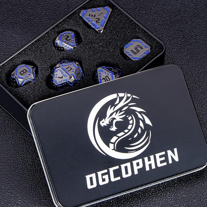 Metal DND Sci-fi Dice Set 7PCS Stripe Polyhedral Dice for Dungeons Dragons RPG Role Playing Game, Glitter D and D Dice with Gift Box D6 D8 D10 D12 D20 (Black&Blue Purple)