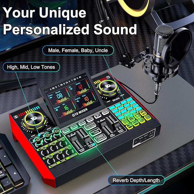 Podcast Equipment Bundle with 3.5mm Condenser Microphone for Pc/Phone Live Streaming Singing Gaming, Podcast Microphone Bundle with Live Sound Card Audio Mixer,Voice Changer, Denoise,DJ Sets