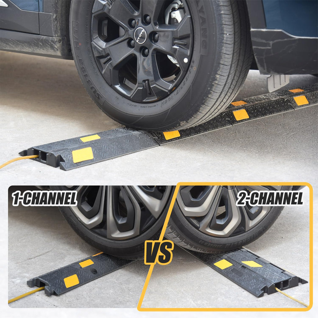 OranLite 6 Pack 2-Channel Rubber Cable Protector Ramp, 17" x 10" x 1.8" inch Interlocking Floor Wire Cord Cable Cover, Visible at Night, Durable Rubber Speed Bump Hump Ramp (2-Channel 6 Pack)
