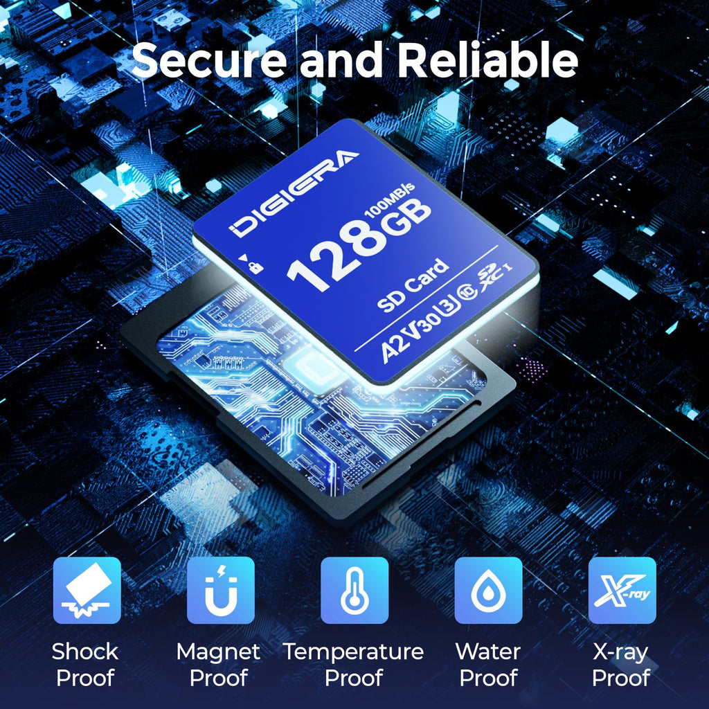 DIGIERA 128GB CS100 SDXC UHS-I Memory Card - up to 100MB/s, C10, U3, V30, 4K UHD, SD Card for Computers, Digital Cameras, Home Theatre Devices, Car Navigation Systems (1 Pack)
