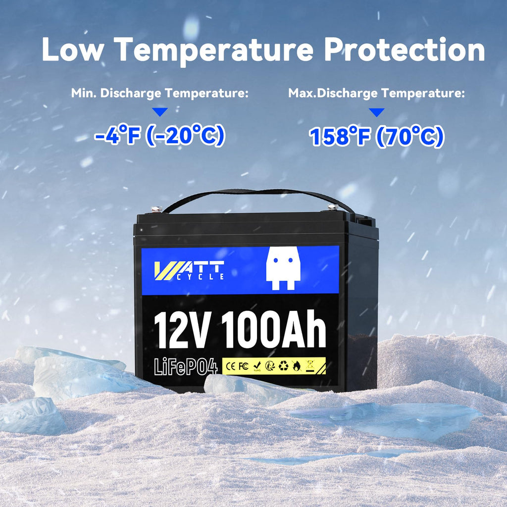 Wattcycle 12V 100Ah LiFePO4 Battery, Lithium Battery Up to 15000 Cycles, Low Temperature Protection, 10 Years Lifespan, Perfect for RV/Outdoor Camping/Home Energy Storage（BCI Group 24）