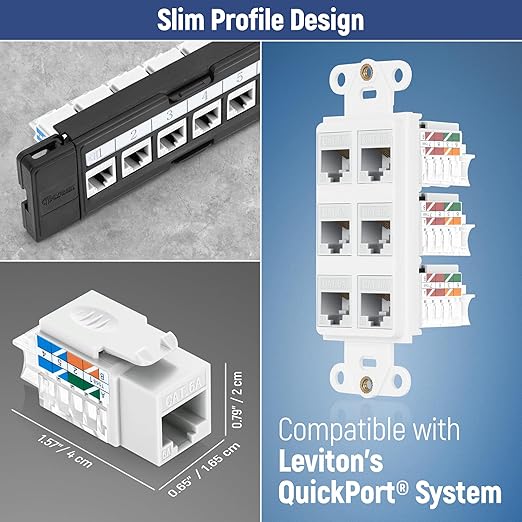 Everest 45° Angled RJ45 Cat6A Keystone Jacks 100-Pack in White - Slim Profile Female RJ45 Connectors - Cat 6A Keystone Jack - Compatible with 45° Angled Speed Termination Tool - 45Term (B0BL3GS7ZY)
